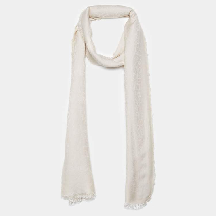 Pre Owned Loewe Cream Letters Jacquard Wool Blend Fringed Scarf