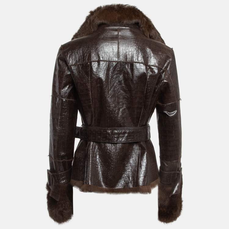 Pre Owned Loewe Brown Leather and Rabbit Fur Belted Jacket M