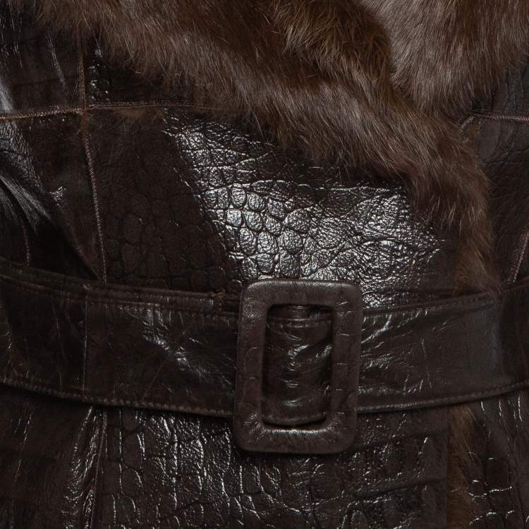 Pre Owned Loewe Brown Leather and Rabbit Fur Belted Jacket M