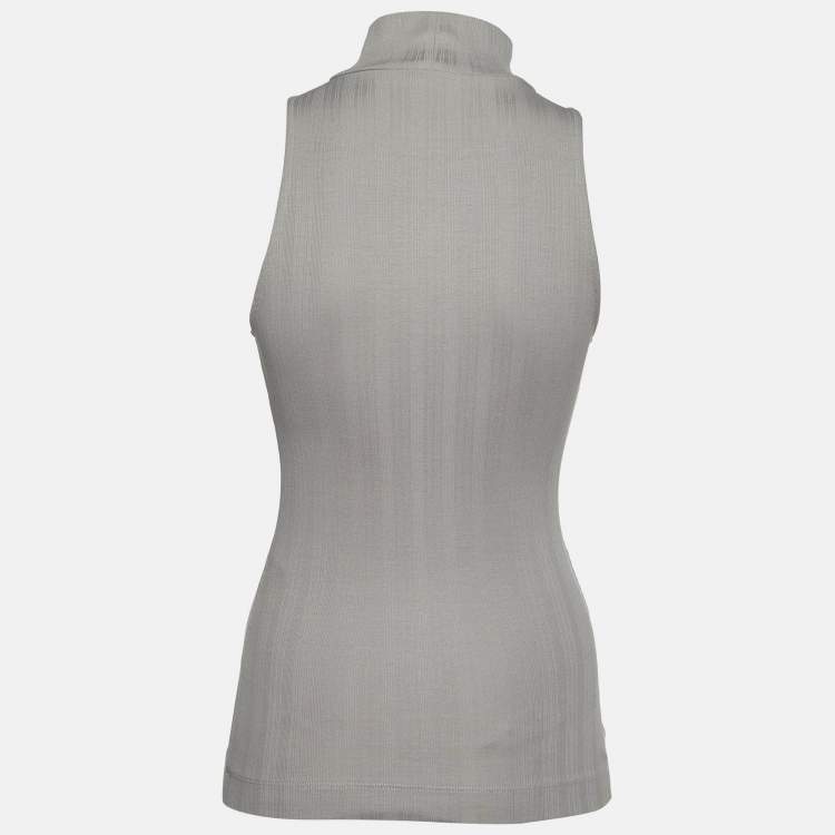 Pre Owned Loewe Grey Embroidered Cotton Knit High Neck Tank Top M