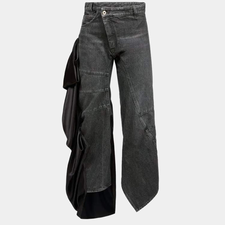 Pre Owned Loewe Black Denim Satin Draped Panel Asymmetric Pants M