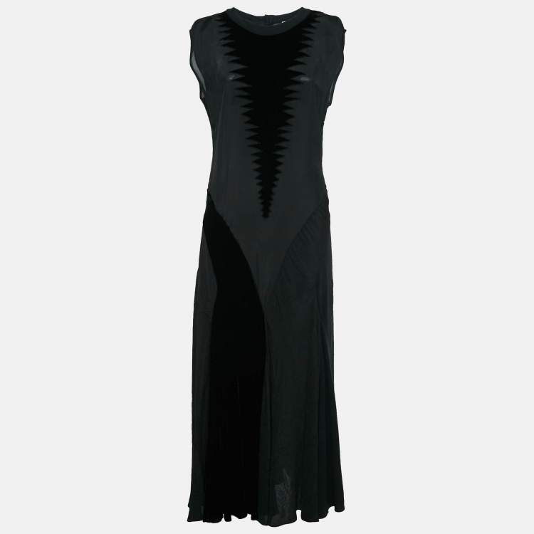 Pre Owned Loewe Black Crepe Velvet Panel Detail Sleeveless Maxi Dress M