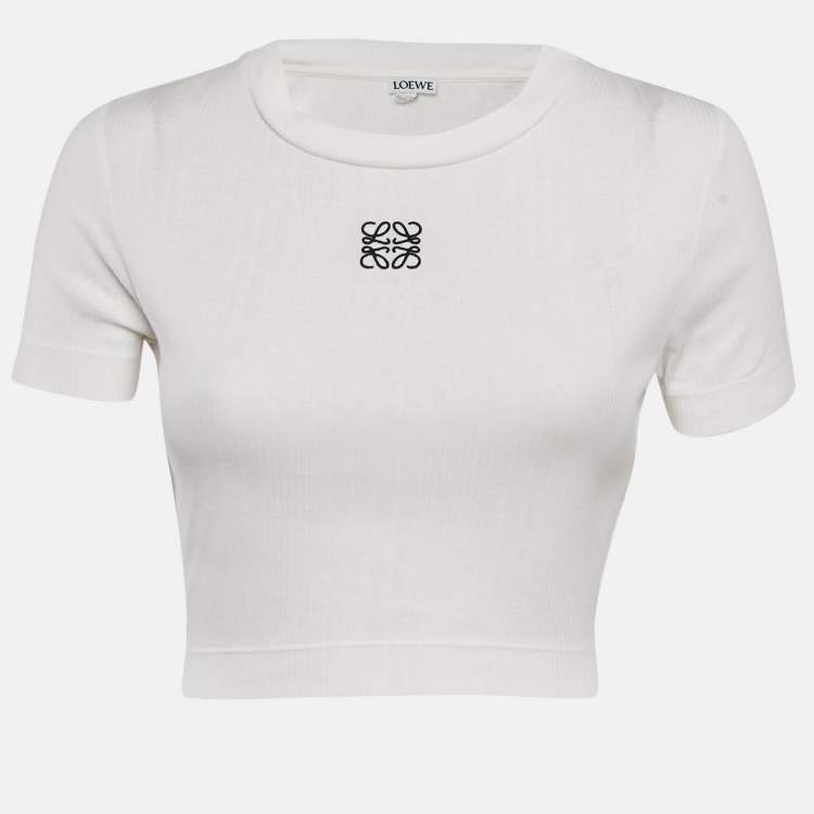 Pre Owned Loewe White Anagram Embroidered Rib Knit Crop Top M