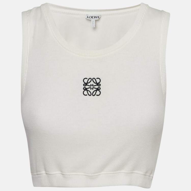 Pre Owned Loewe White Anagram Embroidered Rib Knit Crop Tank Top M