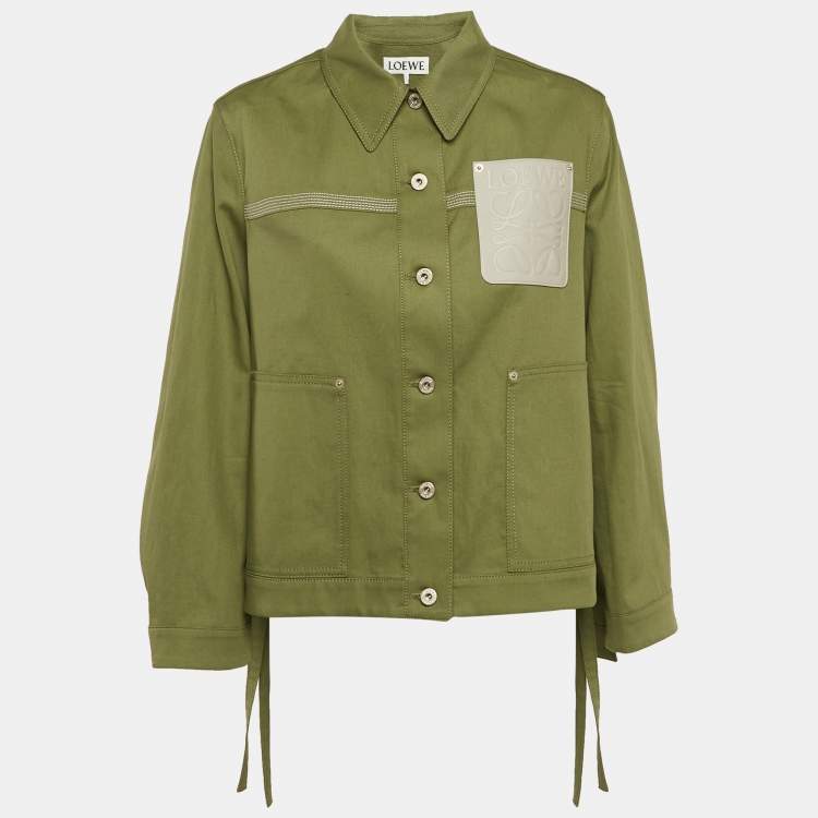 Pre Owned Loewe Green Cotton Blend Leather Logo Pocket Detail Workwear Jacket S
