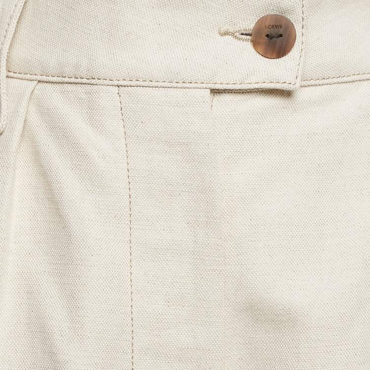 Pre Owned Loewe Cream Cotton Blend Leather Trim Wide-Leg Trousers M