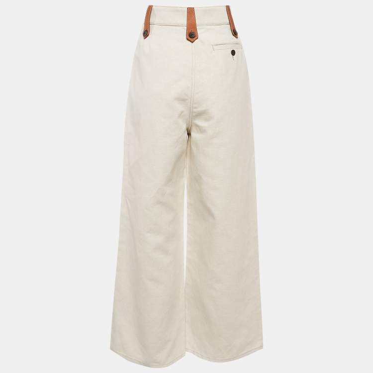 Pre Owned Loewe Cream Cotton Blend Leather Trim Wide-Leg Trousers M