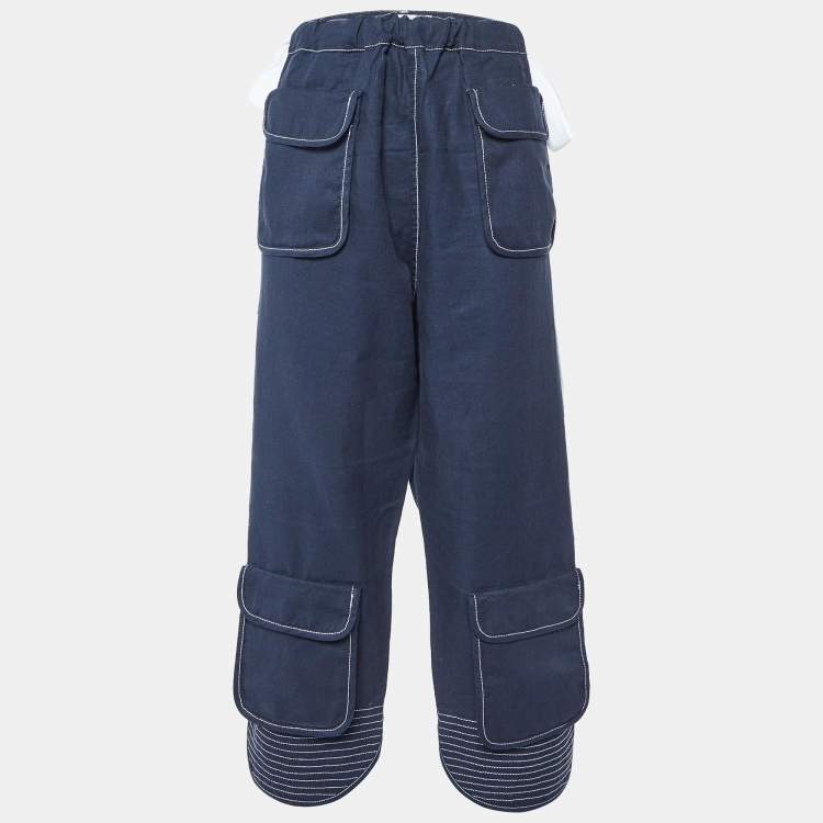 Pre Owned Loewe Navy Blue Linen & Cotton Cargo Trousers XL