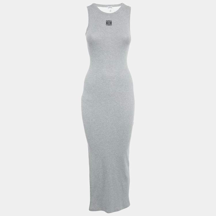 Pre Owned Loewe Grey Angaram Embroidered Rib Knit Maxi Dress XS
