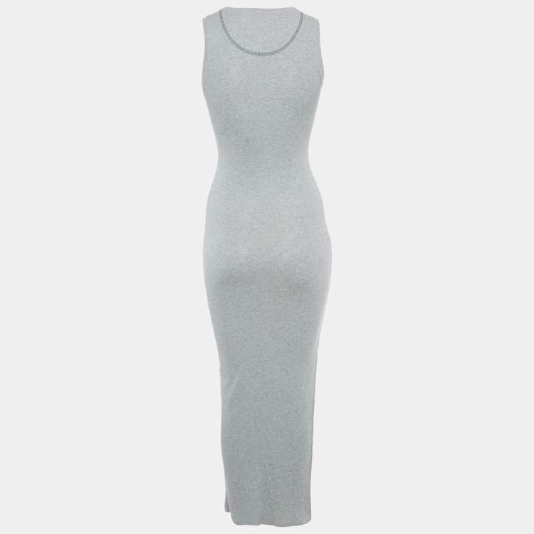 Pre Owned Loewe Grey Angaram Embroidered Rib Knit Maxi Dress XS