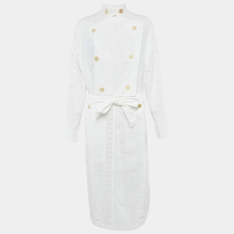 مملوكة مسبقًا Loewe White Broderie Anglaise Cotton Belted Coat S
