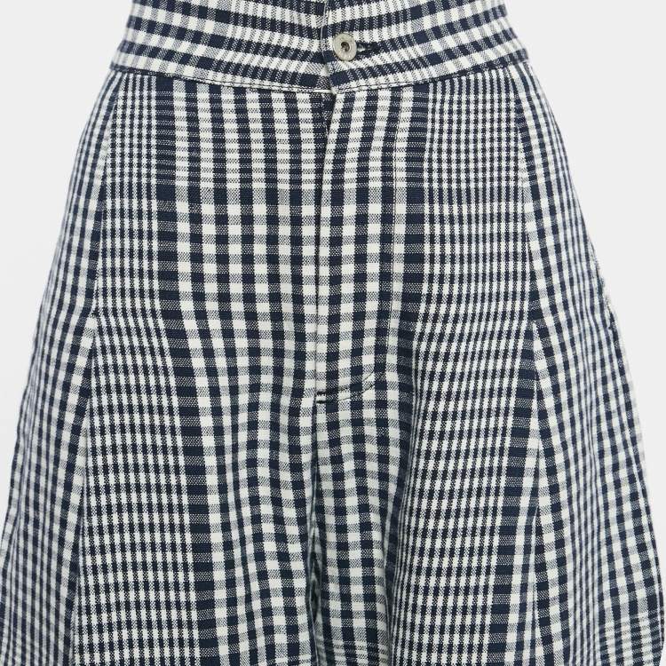 Pre Owned Loewe Navy Blue/White Checked Linen Wide-Leg Trousers L