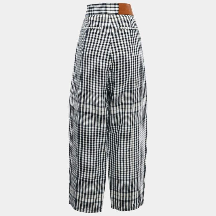 Pre Owned Loewe Navy Blue/White Checked Linen Wide-Leg Trousers L