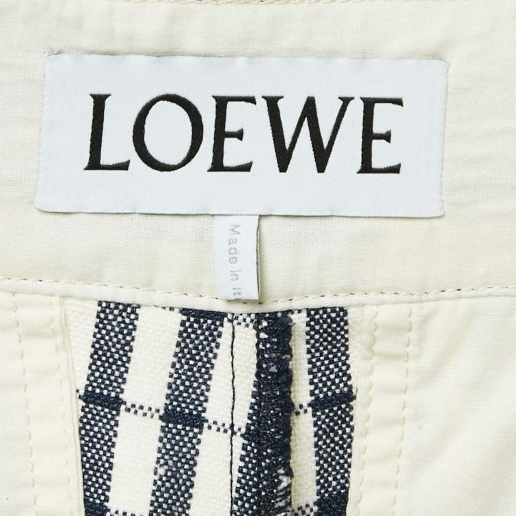 Pre Owned Loewe Navy Blue/White Checked Linen Wide-Leg Trousers L