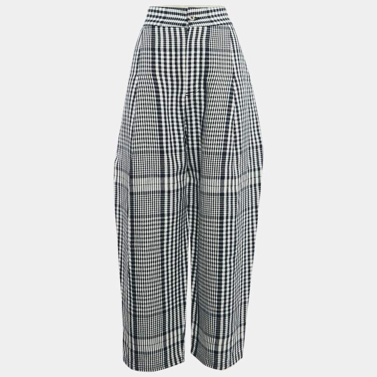 Pre Owned Loewe Navy Blue/White Checked Linen Wide-Leg Trousers L