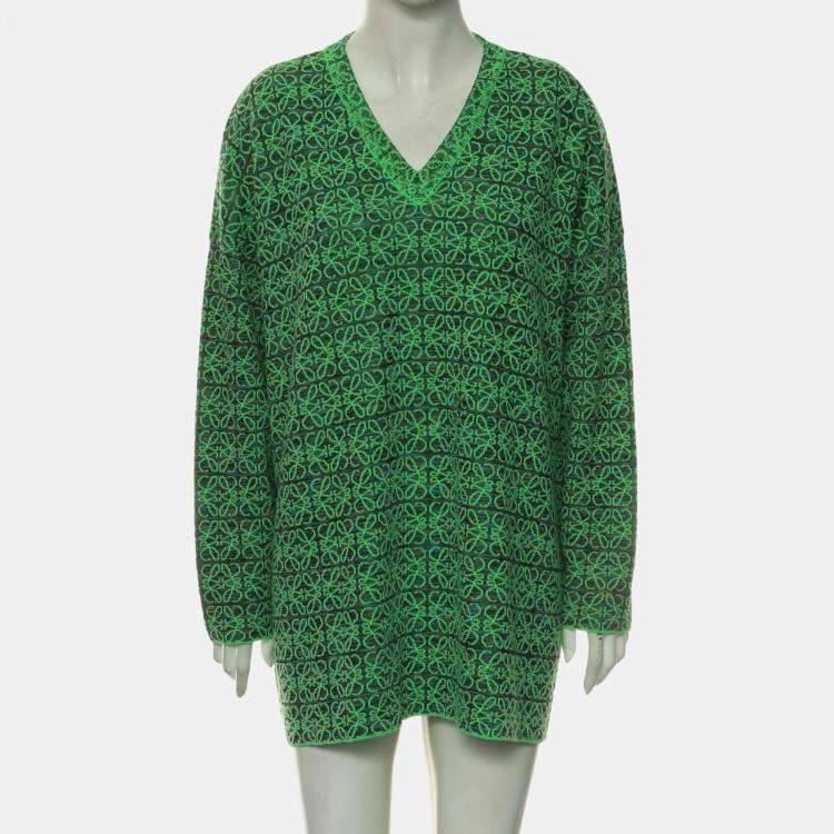 Pre Owned Loewe Green Oversized Anagram V-Neck Sweater XS