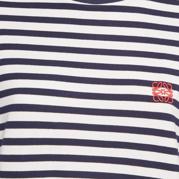 Pre Owned Loewe Navy Blue/White Stripe Jersey Logo Embroidery Slim Fit T-Shirt XL