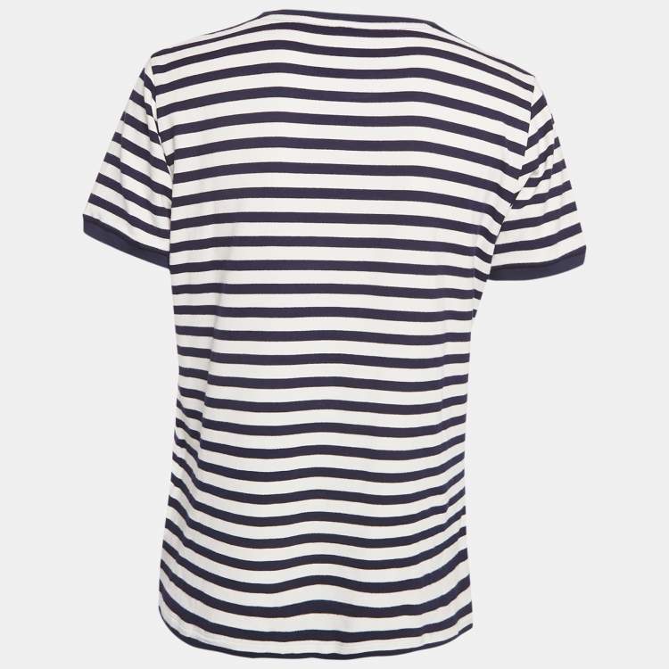 Pre Owned Loewe Navy Blue/White Stripe Jersey Logo Embroidery Slim Fit T-Shirt XL