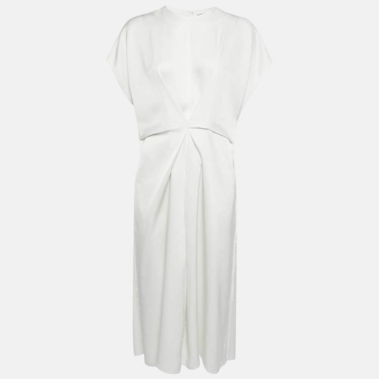 Pre Owned Loewe White Satin Raw-Edge Gathered Mid Dress L