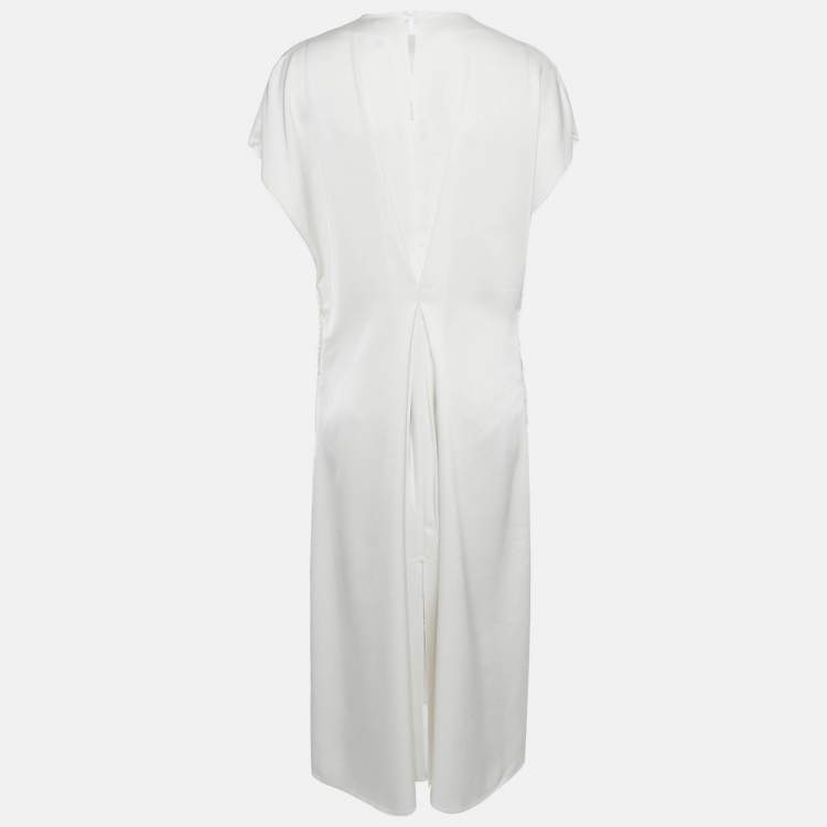 Pre Owned Loewe White Satin Raw-Edge Gathered Mid Dress L