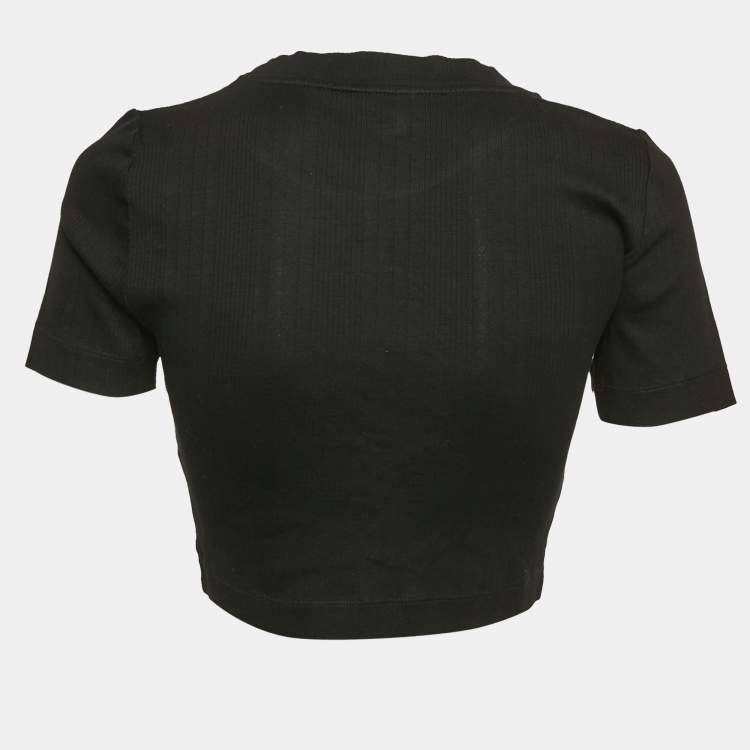Pre Owned Loewe Black Angaram Embroidered Rib Knit Fitted Crop Top L