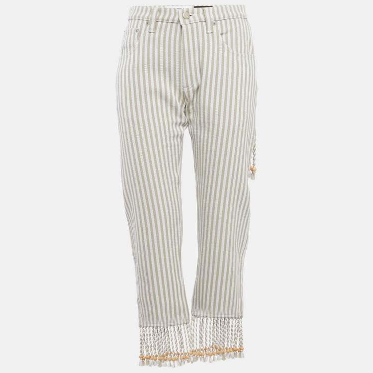 Pre Owned Loewe Beige/White Striped Denim Fringed Jeans S Waist 28"