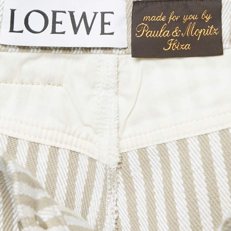 Pre Owned Loewe Beige/White Striped Denim Fringed Jeans S Waist 28"