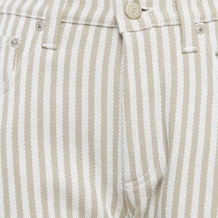Pre Owned Loewe Beige/White Striped Denim Fringed Jeans S Waist 28"