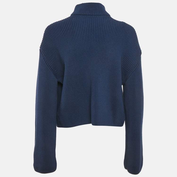 Pre Owned Loewe Navy Blue Cotton Rib Knit & Tie Detail Open Back Sweater S