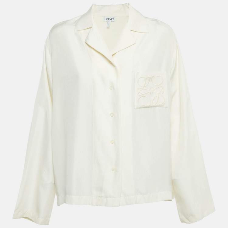 Pre Owned Loewe Cream Logo Embroidered Silk Anagram Shirt L