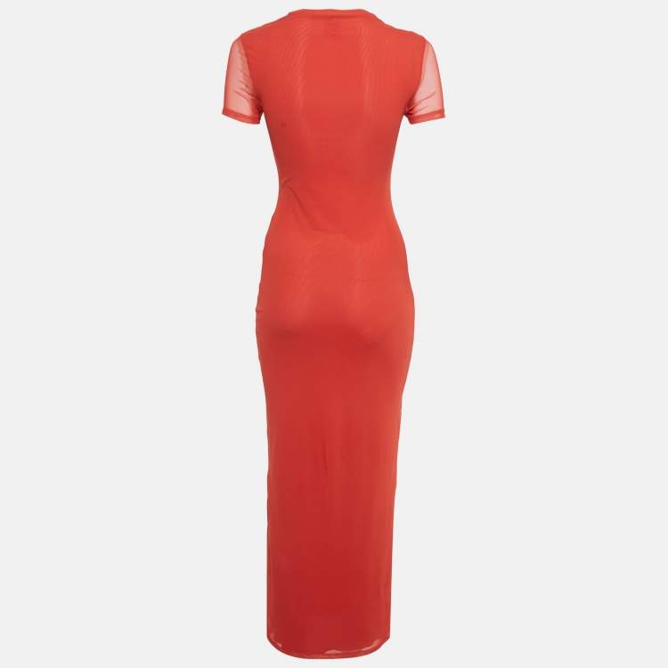 Pre Owned Loewe Red Printed Mesh Midi Dress XS