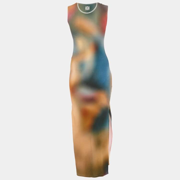 Pre Owned Loewe Multicolor Blur Print Rib Knit Tank Dress S