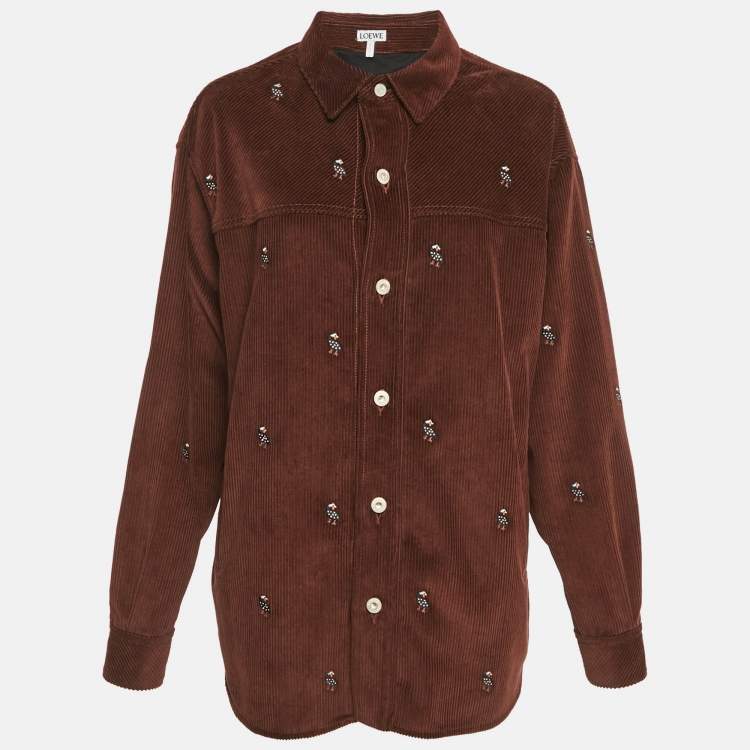 Pre Owned Loewe Maroon Embroidered Corduroy Oversized Shirt XXL