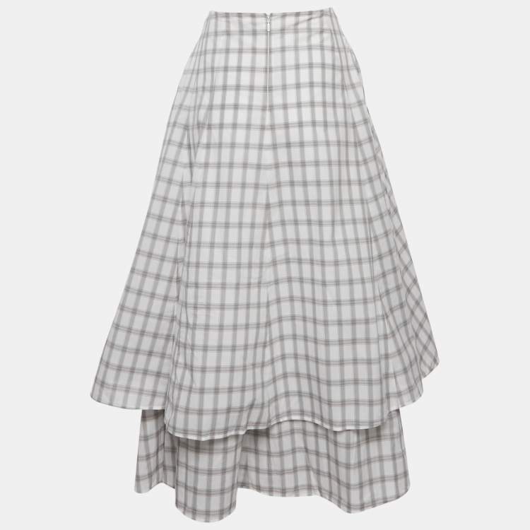 Pre Owned Loewe White /Grey Checkered Print Cotton Tiered Midi Skirt S