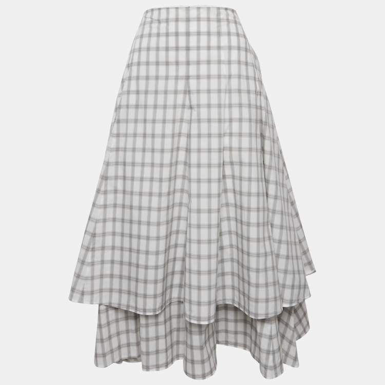 Pre Owned Loewe White /Grey Checkered Print Cotton Tiered Midi Skirt S
