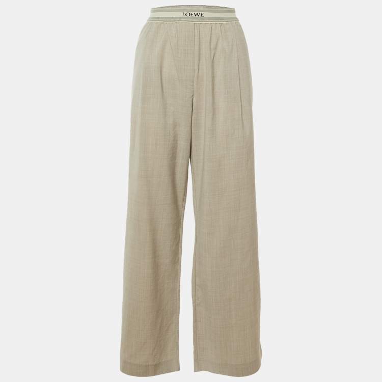 Pre Owned Loewe Beige Wool Logo Brand Wide Leg Trousers L