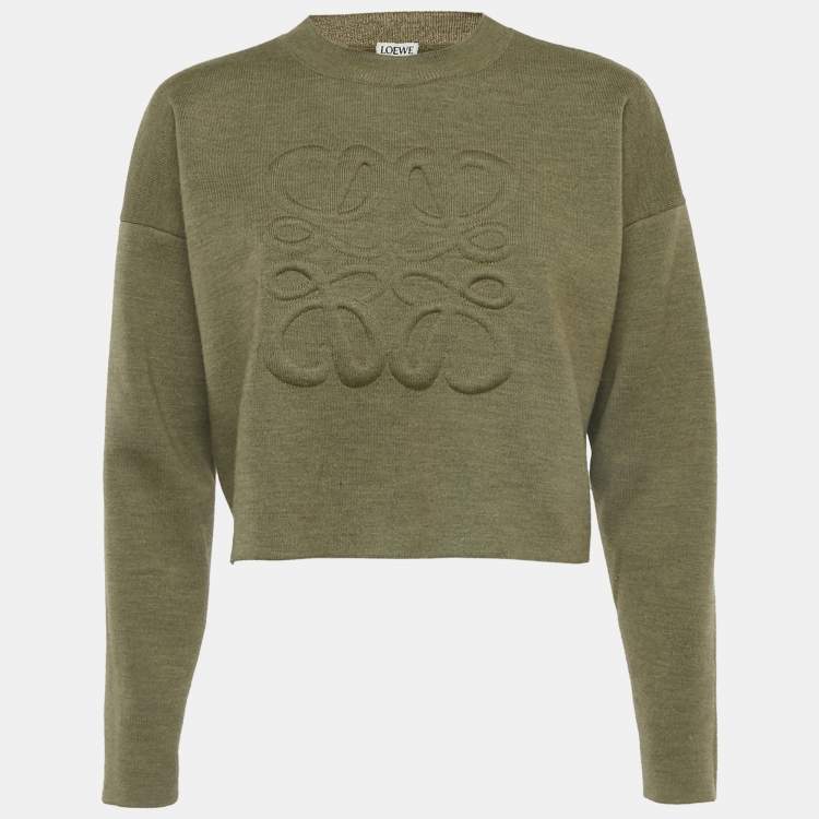 Pre Owned Loewe Green 3D Anagram Wool Knit Crop Sweater S