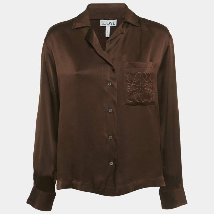 Pre Owned Loewe Brown Silk Anagram Embroidered Shirt S
