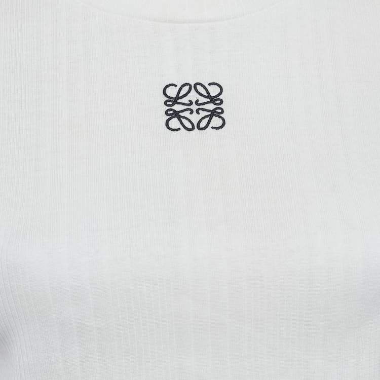 Pre Owned Loewe White Anagram Embroidered Rib Knit Crop Top L