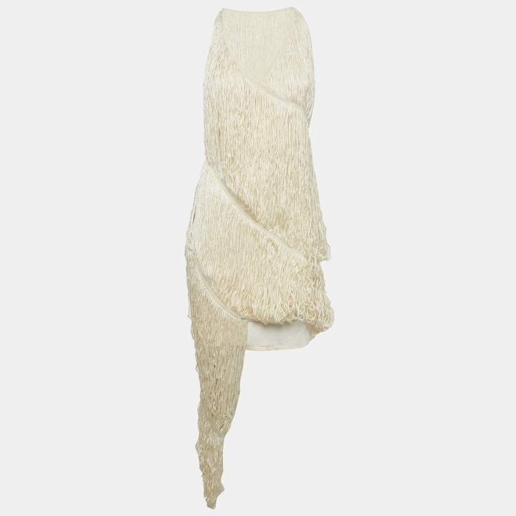 Pre Owned Loewe Cream Silk Sleeveless Asymmetric Fringe Dress S