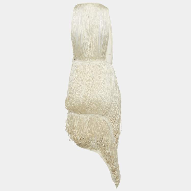Pre Owned Loewe Cream Silk Sleeveless Asymmetric Fringe Dress S
