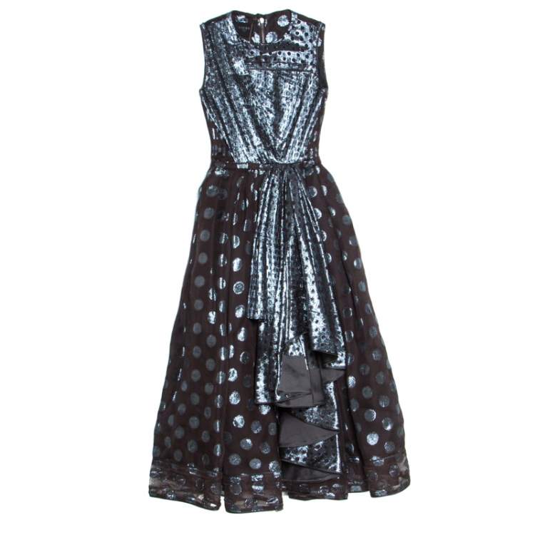 Pre Owned Loewe Brown and Metallic Blue Polka Dot Pattern Silk Pleat Detail Dress M