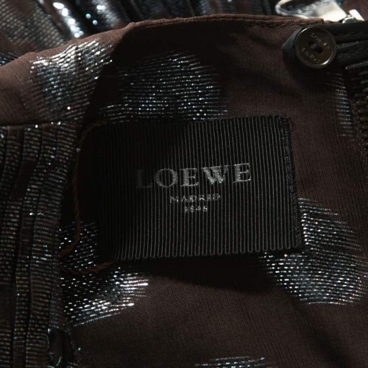 Pre Owned Loewe Brown and Metallic Blue Polka Dot Pattern Silk Pleat Detail Dress M