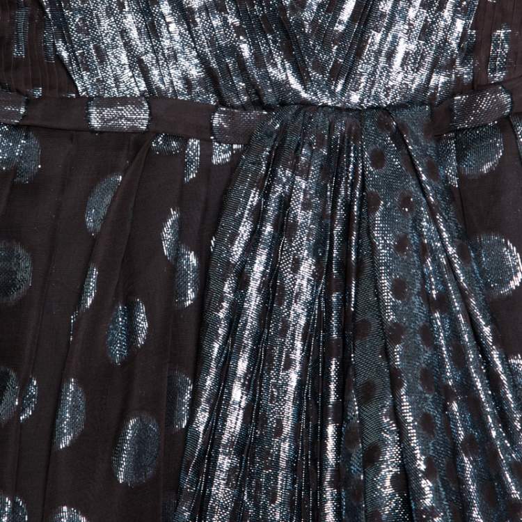 Pre Owned Loewe Brown and Metallic Blue Polka Dot Pattern Silk Pleat Detail Dress M