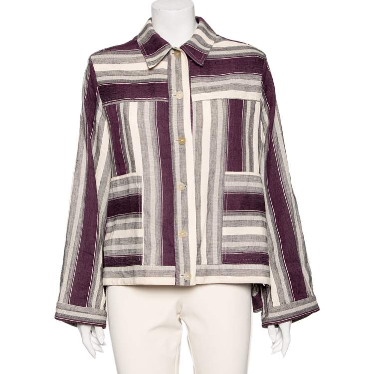 Pre Owned Loewe Cream & Purple Striped Linen Asymmetric Hem Detailed Jacket S