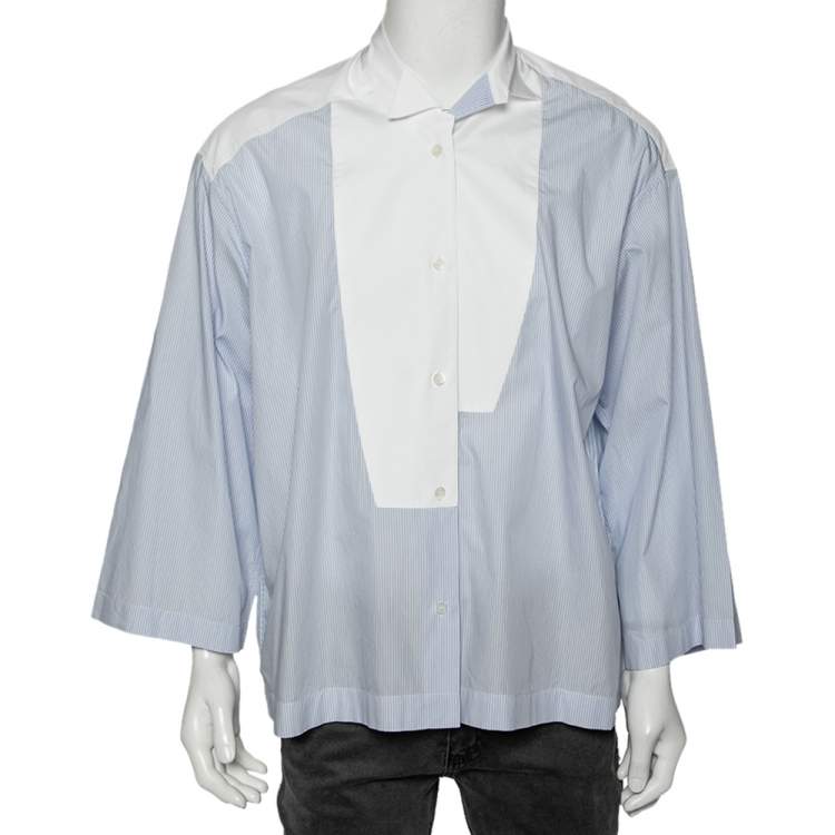 Pre Owned Loewe Blue & White Striped Paneled Cotton Oversized Shirt M