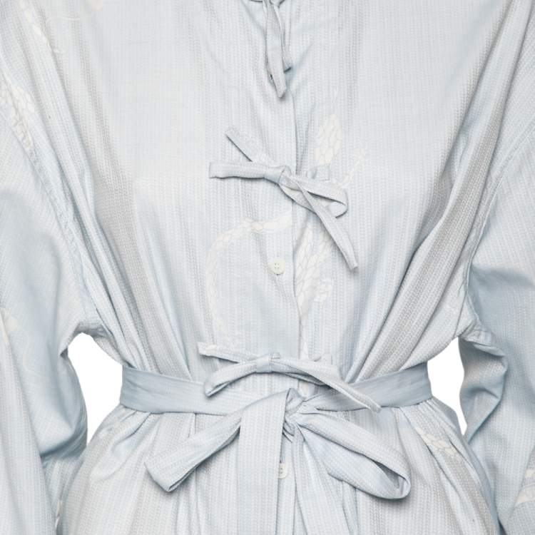 Pre Owned Loewe Blue Printed Cotton Tie-Up Detailed Button Front Oversized Blouse S