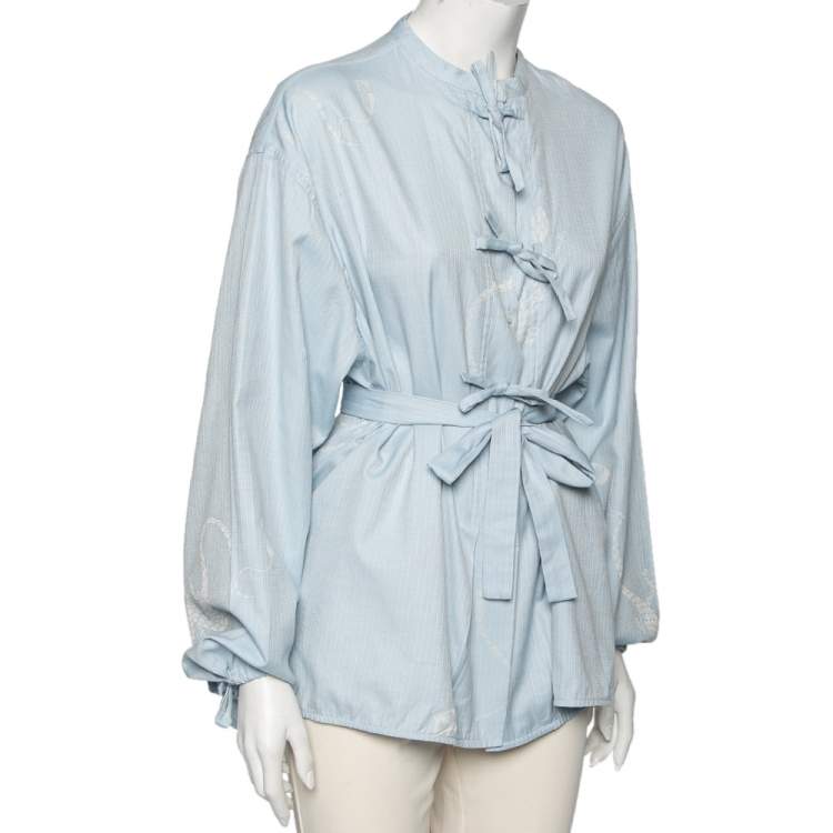 Pre Owned Loewe Blue Printed Cotton Tie-Up Detailed Button Front Oversized Blouse S