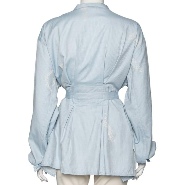 Pre Owned Loewe Blue Printed Cotton Tie-Up Detailed Button Front Oversized Blouse S