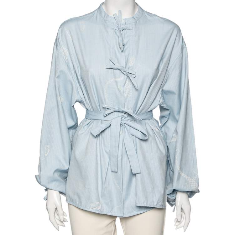 Pre Owned Loewe Blue Printed Cotton Tie-Up Detailed Button Front Oversized Blouse S